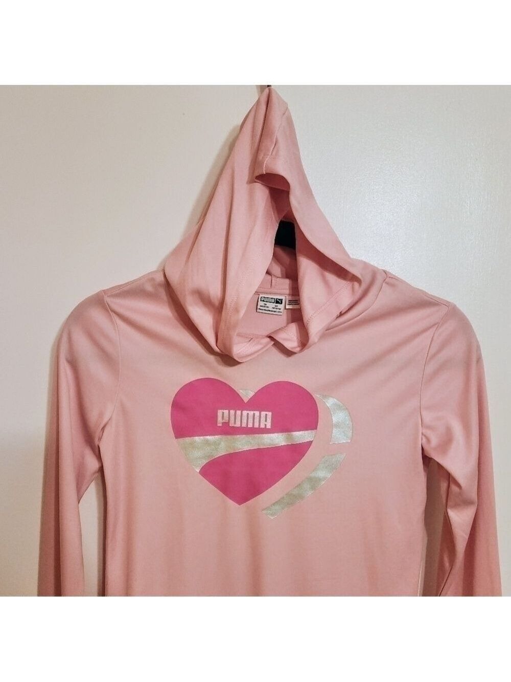 Puma Girls Pink Heart Graphic Hoodie Medium - Picture 2 of 7
